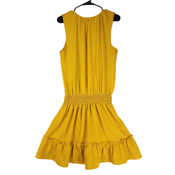 Veronica M. Mini Dress L Women Mustard Yellow Swiss Dot Ruched Ruffle Sleeveless - Picture 2 of 15